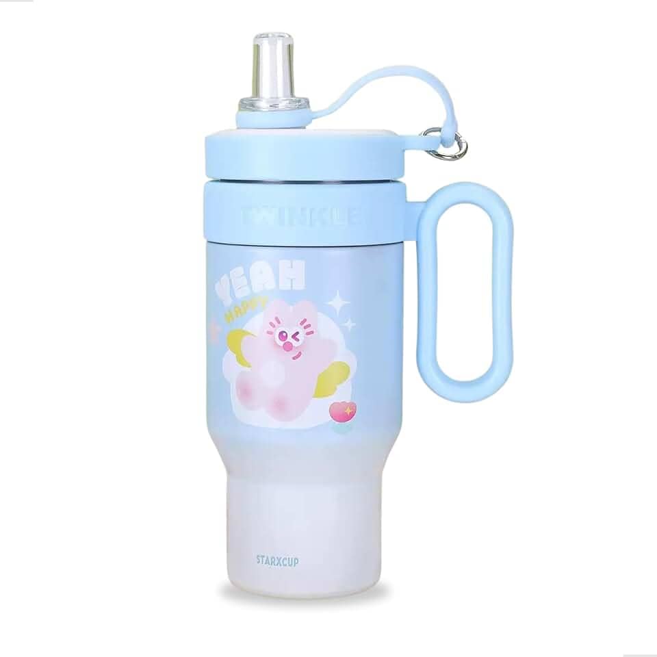 Copo Térmico Infantil 900ml com Canudo Retrátil, Tampa Protetora, Parede Dupla, Alça Lateral, Copo com Canudo Antivazamento, Ideal para Escola, Passeios e Viagem (p1802) (Azul)