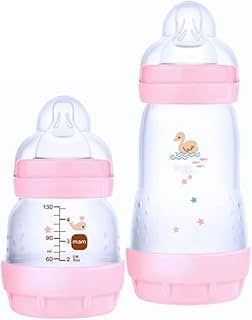 MAM Baby Kit 2 Mamadeiras Easy Start Starter Set Anticólica e Menos Bolhas de Ar, para Crianças 0+ Meses Autoesterilizável e com Bico de Silicone Skinsoft, Rosa