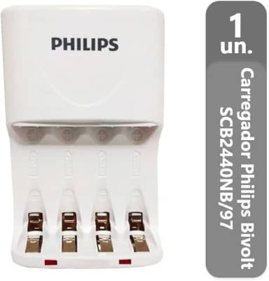 Carregador de Pilhas Philips AA AAA SCB2440NB Desligamento Automático Led Bivolt Inmetro