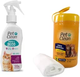 Kit Banho a Seco e Lenço umedecido para Gatos Limpeza Prática Neutralizador de Odor Pelos Brilhosos Diminui Bola de Pelo