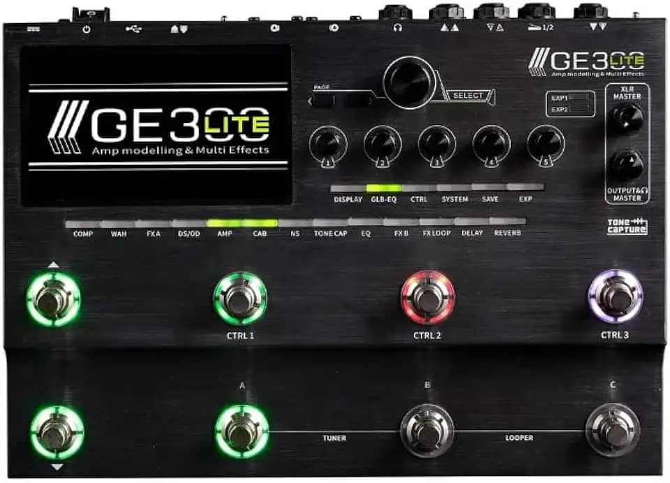 Mooer Pedaleira Multiefeitos GE300 Lite, para Guitarra, USB, Saída XLR Balanceada MIDI In/Out, Tela LCD 5", 255 Presets de Fábrica, Tone Capture, Impulse Response, Interface de Áudio