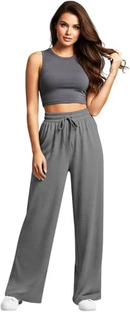 Calça Moletinho Pantalona Wide Leg Moletom Feminina Cós Largo Corte a Fio Sem Felpa (BR, Alfa, XG, Regular, Alto, Cinza)