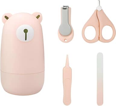 Kit Cortador de Unhas para Bebê com Tesoura Pinça Lixa Estojo de Urso e Design Seguro Portátil (Rosa)