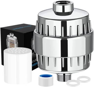 Filtro de Chuveiro com 20 Estágios, Remove Cloro, Flúor e Metais Pesados, Amaciante de Água para Cabelos, Alta Vazão com 2 Refis – Acabamento Cromado