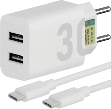 Carregador Super Turbo 30W Ultra Rápido Porta Dupla Tipo C e USB Com Carregamento Rápido + Cabo Tipo C Compatível Com Todos Os Dispositivos, Motorola, Samsung, IPhone 15/16, Xiaomi Premium (Branco)