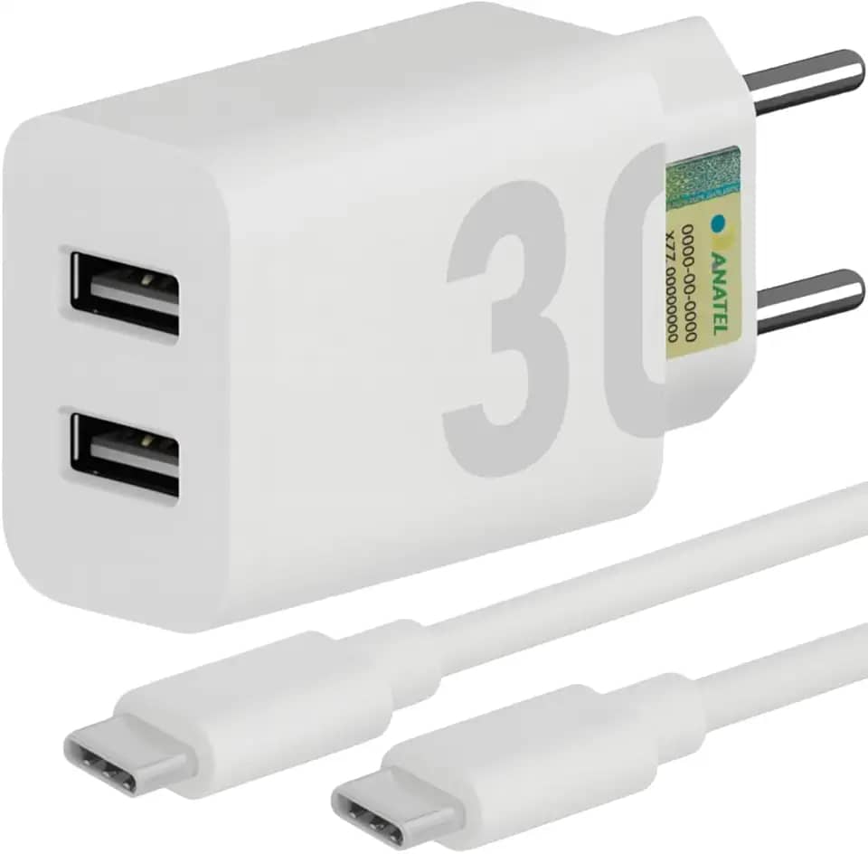 Carregador Super Turbo 30W Ultra Rápido Porta Dupla Tipo C e USB Com Carregamento Rápido + Cabo Tipo C Compatível Com Todos Os Dispositivos, Motorola, Samsung, IPhone 15/16, Xiaomi Premium (Branco)