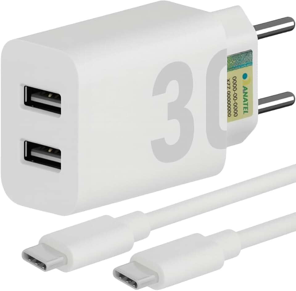 Carregador Super Turbo 30W Ultra Rápido Porta Dupla Tipo C e USB Com Carregamento Rápido + Cabo Tipo C Compatível Com Todos Os Dispositivos, Motorola, Samsung, IPhone 15/16, Xiaomi Premium (Branco)