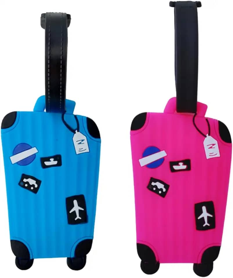 Kit 2 Identificador de Mala de Viagem Tag de Bagagem Férias Avião Etiqueta de Silicone Premium (AZUL+ROSA, MALINHA)