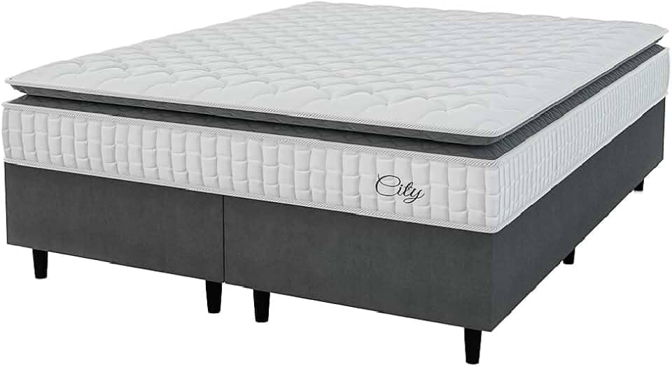 Cama Box Colchão Casal King Molas Ensacadas City Pillow Top 193x203x61cm Cinza/Branco Hellen - Suporta até 110kg por Pessoa