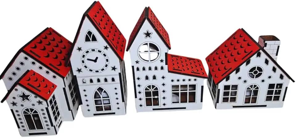 Conjunto de 4 Casinhas de Natal Decorativas com Velas LED – Iluminação Natalina para Mesa, Prateleira ou Árvore – Decoração de Natal Artesanal com Detalhes em MDF e Telhados Vermelhos – Casinhas