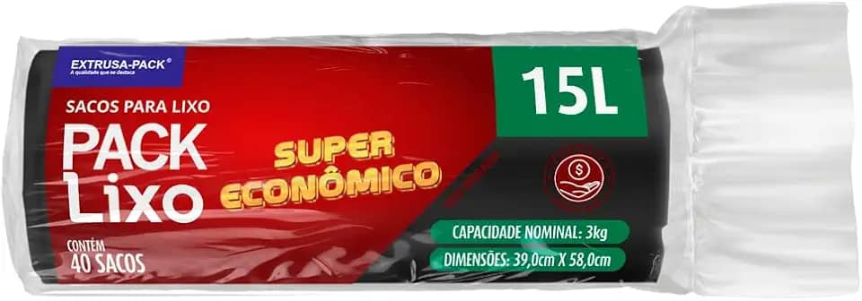 Sacos de Lixo PACK LIXO Super Econômico Preto 15 litros – Uso residencial diário, ideal para lixos leves em pequenas famílias