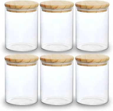 Kit 06 Potes de Mantimentos Herméticos 300ml Pote Redondo de Vidro Tampa De Bambu Premium