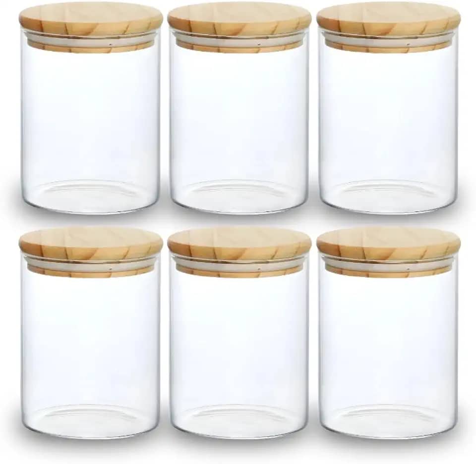 Kit 06 Potes de Mantimentos Herméticos 300ml Pote Redondo de Vidro Tampa De Bambu Premium