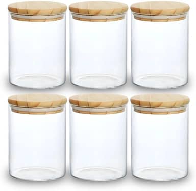 Kit 06 Potes de Mantimentos Herméticos 300ml Pote Redondo de Vidro Tampa De Bambu Premium
