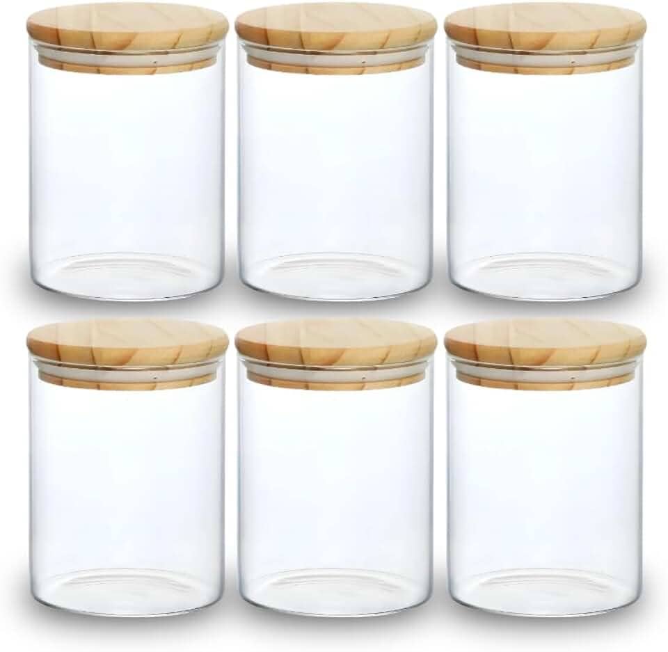 Kit 06 Potes de Mantimentos Herméticos 300ml Pote Redondo de Vidro Tampa De Bambu Premium