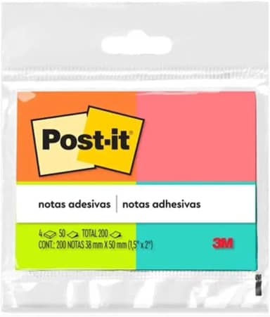 Post-it, 3M, Bloco de notas 4 blocos, 50 folhas cada Multicor