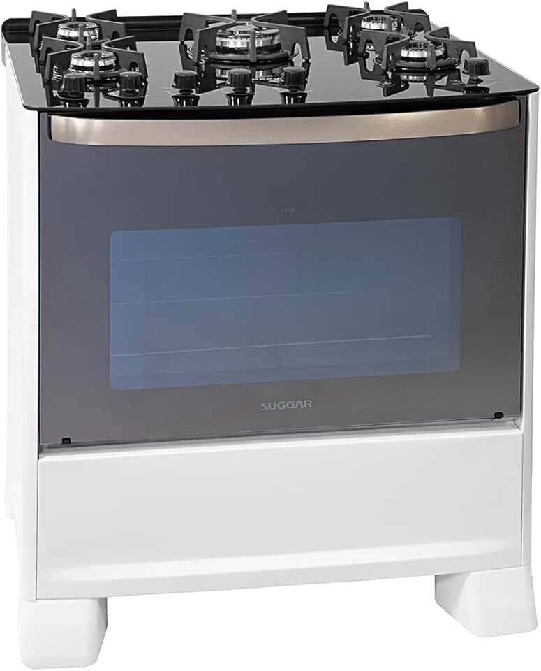 SUGGAR FOGÃO MASTER GRILL BRANCO MESA DE VIDRO 5 BOCAS TRIPLA CHAMA GRILL 220V TREMPE FERRO FUNDIDO ACENDIMENTO SUPERAUTOMÁTICO FGVMTG512BR