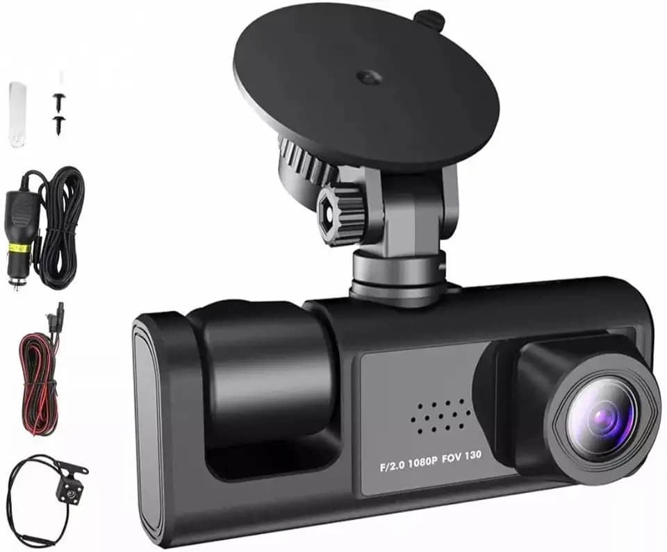 Câmera Veicular DVR 3 em 1, 1080P, Ângulo 130°, com Câmera Frontal, Interna e Traseira, Preta