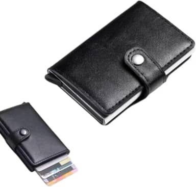 Carteira Slim com Proteção RFID, Couro, Porta Cartões com Pop-up Automático, Preto e Marrom, Design Minimalista, Proteçâo Contra Furto