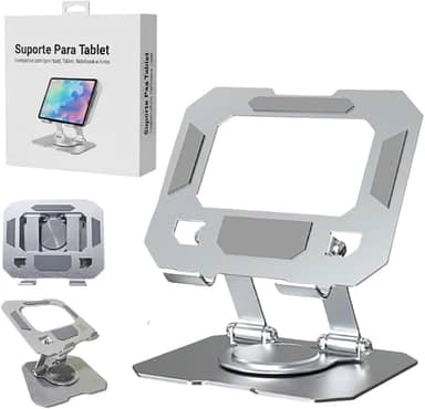 Suporte para Tablet em Aço Carbono Com Metal Resistente Apoio para Mesa Pedestal Portátil Dobrável Articulado Base Rotativa 360º Design Moderno Ajustável Antiderrapante Ampla Compatibilidade