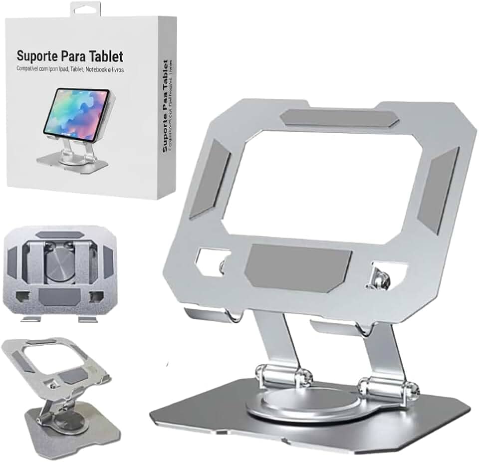 Suporte para Tablet em Aço Carbono Com Metal Resistente Apoio para Mesa Pedestal Portátil Dobrável Articulado Base Rotativa 360º Design Moderno Ajustável Antiderrapante Ampla Compatibilidade