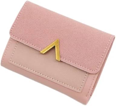 Carteira feminina, bolsa feminina com três dobras, curta, porta-cartões de crédito, carteira transparente para dinheiro com botão de pressão e zíper, rosa, Moderno