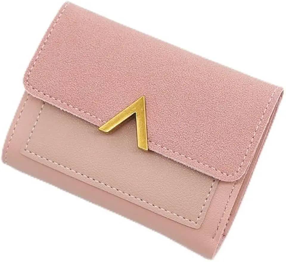 Carteira feminina, bolsa feminina com três dobras, curta, porta-cartões de crédito, carteira transparente para dinheiro com botão de pressão e zíper, rosa, Moderno