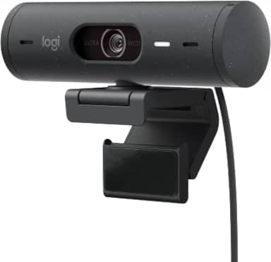 Webcam Full HD Logitech Brio 500 com Microfones Duplos com Redução de Ruídos, Proteção de Privacidade, Correção de Luz e Enquadramento Automático - Grafite