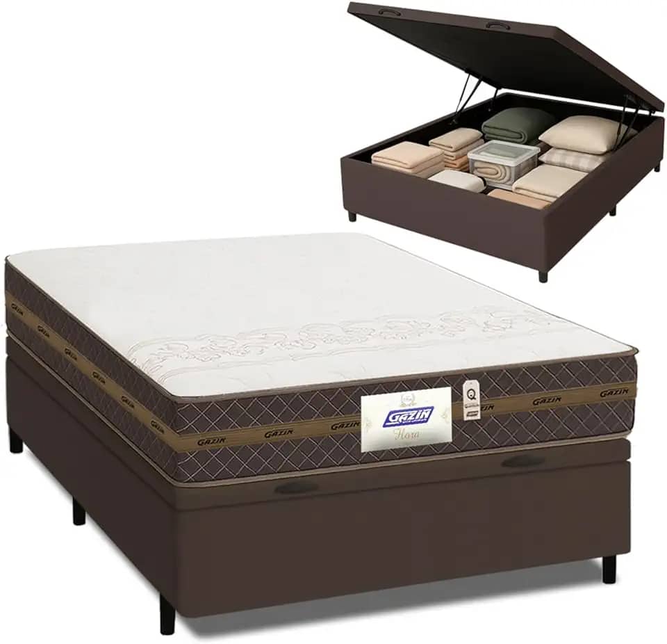 Cama Box Baú Casal Colchão Molas Flora Marrom/Branco 138x188x63cm
