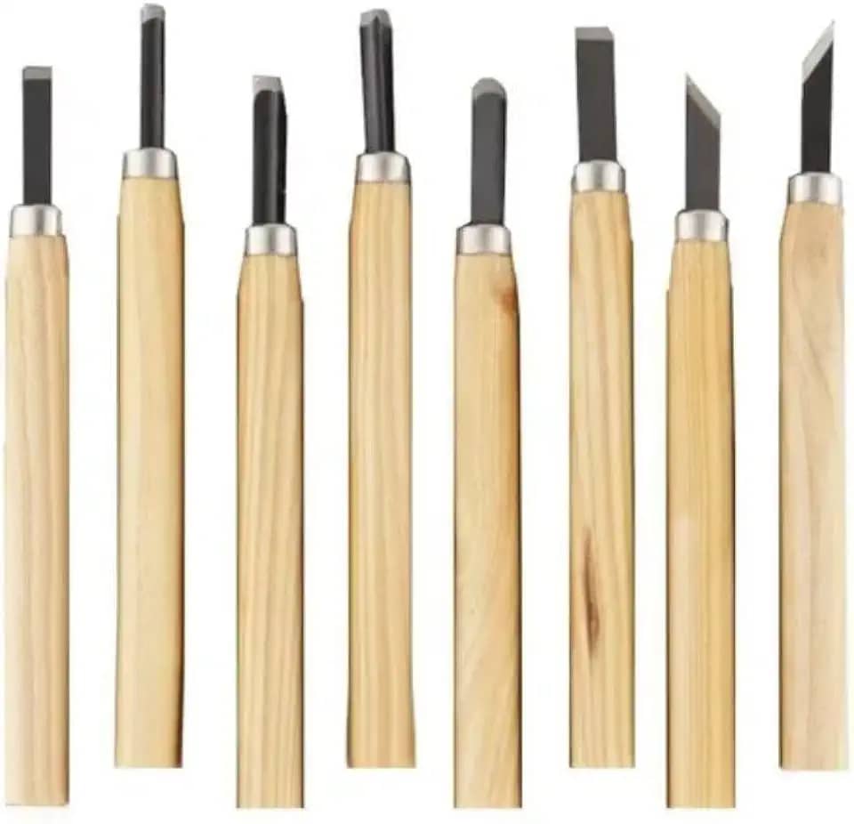 Kit 8 Peças para Entalhe e Escultura em Madeira | Ferramentas para Xilogravura com Cabo de Madeira e Lâmina de Aço | Cabos de Madeira Ergonômicos