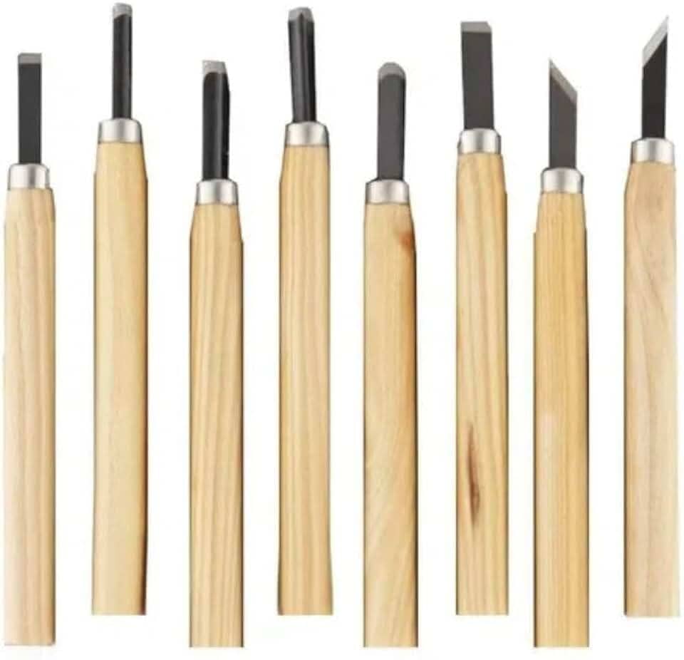 Kit 8 Peças para Entalhe e Escultura em Madeira | Ferramentas para Xilogravura com Cabo de Madeira e Lâmina de Aço | Cabos de Madeira Ergonômicos