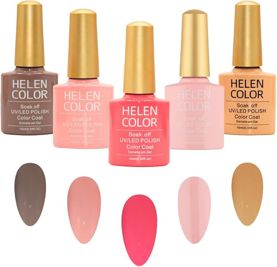 HELEN COLOR Kit Esmalte em Gel UV/LED, 5 Cores Nude e Rosa, Soak Off, 10ml cada, Para Unhas Manicure