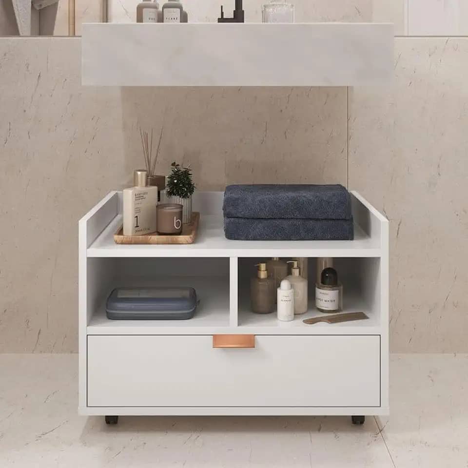 Gabinete Para Banheiro Armário Organizador Com Gaveta e Rodízios Cobreado Berlim (Branco)