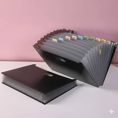 Pasta Sanfonada Expansível com 12 Divisórias, Resistente a Água, Preto, Inclui 24 Etiquetas, Grande Capacidade, Organizador de Documentos