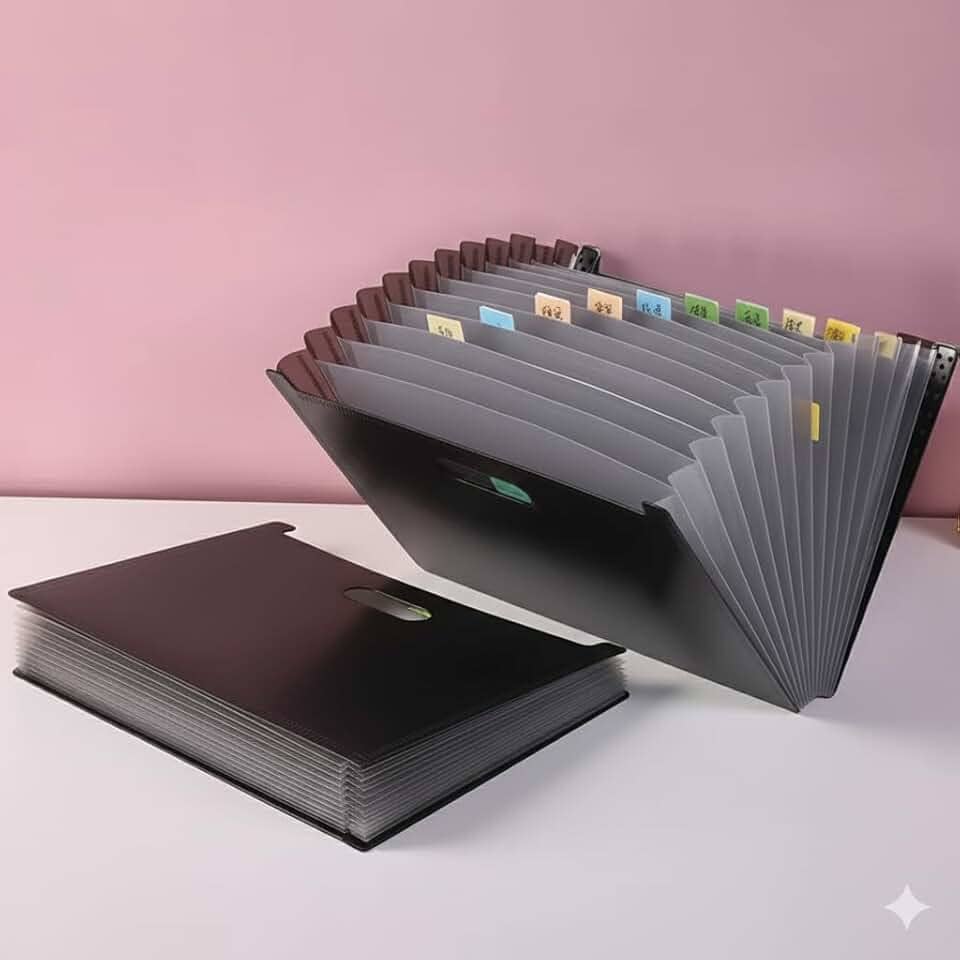 Pasta Sanfonada Expansível com 12 Divisórias, Resistente a Água, Preto, Inclui 24 Etiquetas, Grande Capacidade, Organizador de Documentos