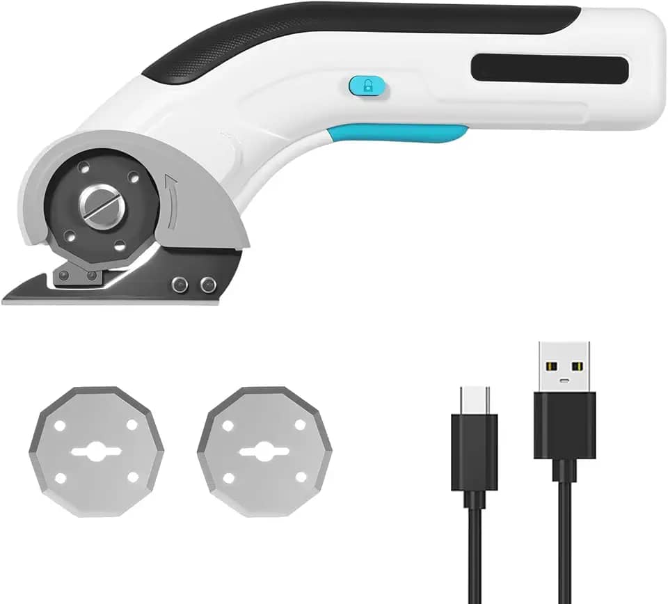 Tesoura elétrica sem fio, cortador de caixa de papelão portátil, cortador rotativo com 2 peças de lâmina de substituição, tesoura sem fio de alto desempenho de corte para pacotes de papelão