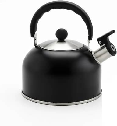 Chaleira de Metal 1,7L com Apito Preto Fosco para Fogão a Gás, Elétrico e Vitrocerâmico – Ideal para Chá e Café, Alça Resistente, Tampa de Segurança, Design Retrô e Moderna