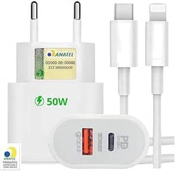 Carregador Turbo 50W Compatível iP - Phone X Xr 8 11 12 13 14 Plus Pro Max iP - Pad Duas Entradas USB e USB-c Tipo C Com Cabo Tipo C Lightning Carga Rápida Tecnologia - Fonte e Cabo Turbo 50W