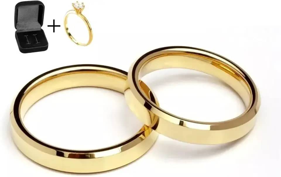Alianças Par 4mm Ouro Reta Chanfrada Banhadas 24k com Caixa de Veludo e Anel Solitário Anatomicas Casamento Compromisso Noivado