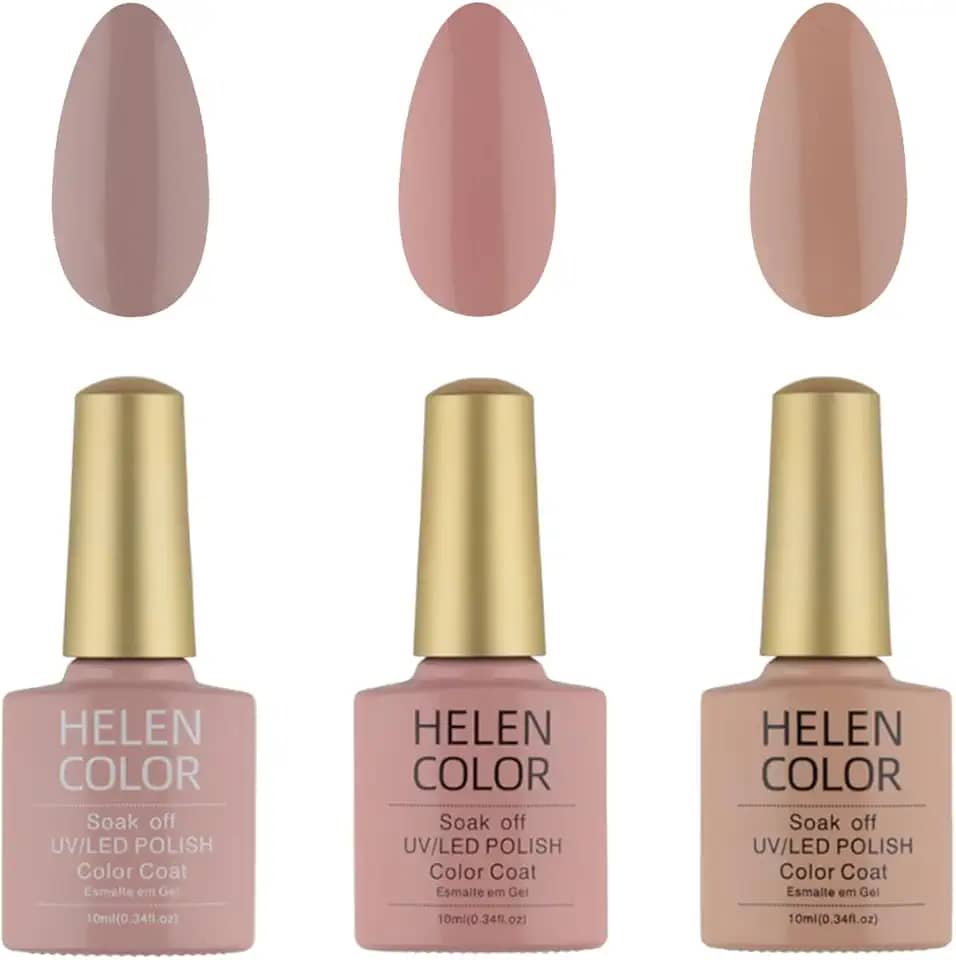 HELEN COLOR Kit 3 Esmaltes em Gel UV/LED 10ml Cada Frasco Secagem Rápida Alta Durabilidade Acabamento Brilhante (Nude)