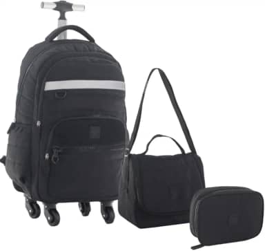 Kit Mochila Escolar Juvenil Masculino 4 Rodas 360° Desenho do Tecido Matelassê Com Lancheira Térmica e Estojo Box (PRETO)