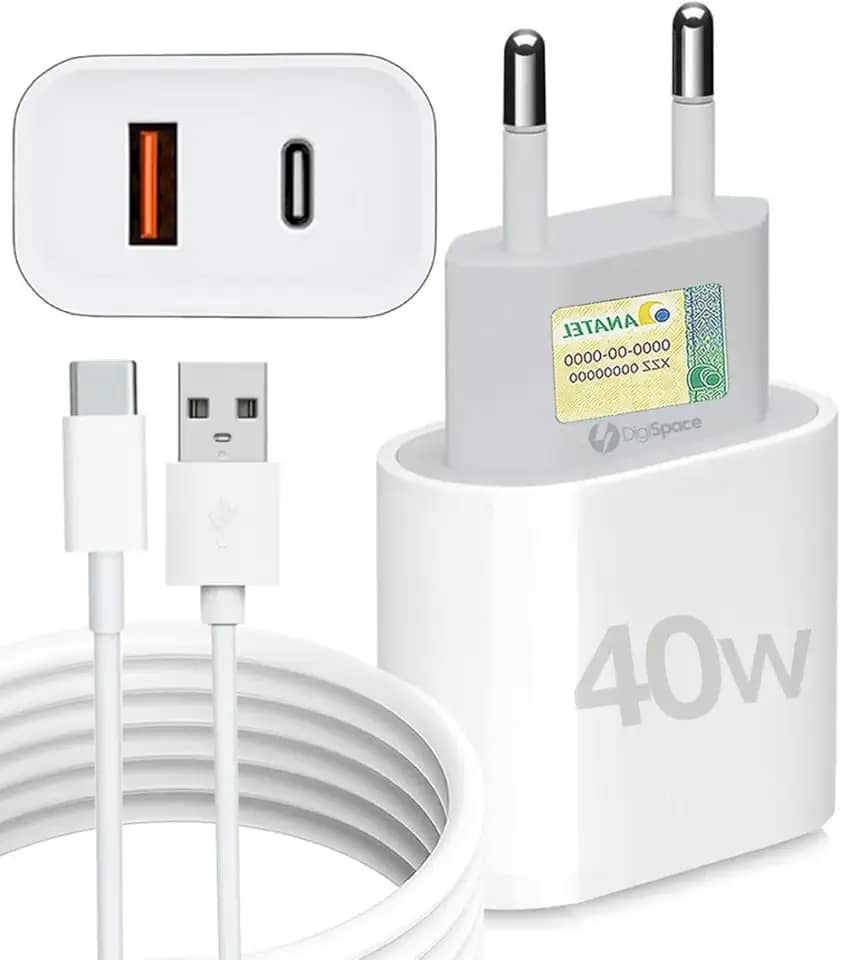 Kit Carregador Super Turbo 40W Porta Dupla (USB-A + USB-C) + Cabo USB e Tipo-C, Compatível com Todos Dispositivos, Iphone 15/16/17 IOS Android Galaxy, Tablets, Notebooks, Linha Premium