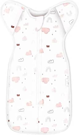 ANYEDDE Saco de dormir de transição para bebês - cueiros de braços para meninas, 3 a 6 meses, saco de dormir com punho removível e design de zíper bidirecional, sacos de transição de nuvem rosa