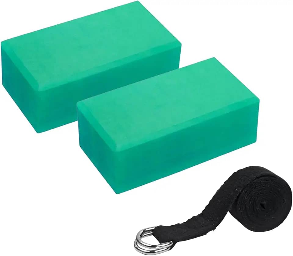 Kit Acessórios de Yoga e Pilates - 2x Bloco Bloquinho Tijolo EVA 200g + Cinto Faixa Fita Alongamento