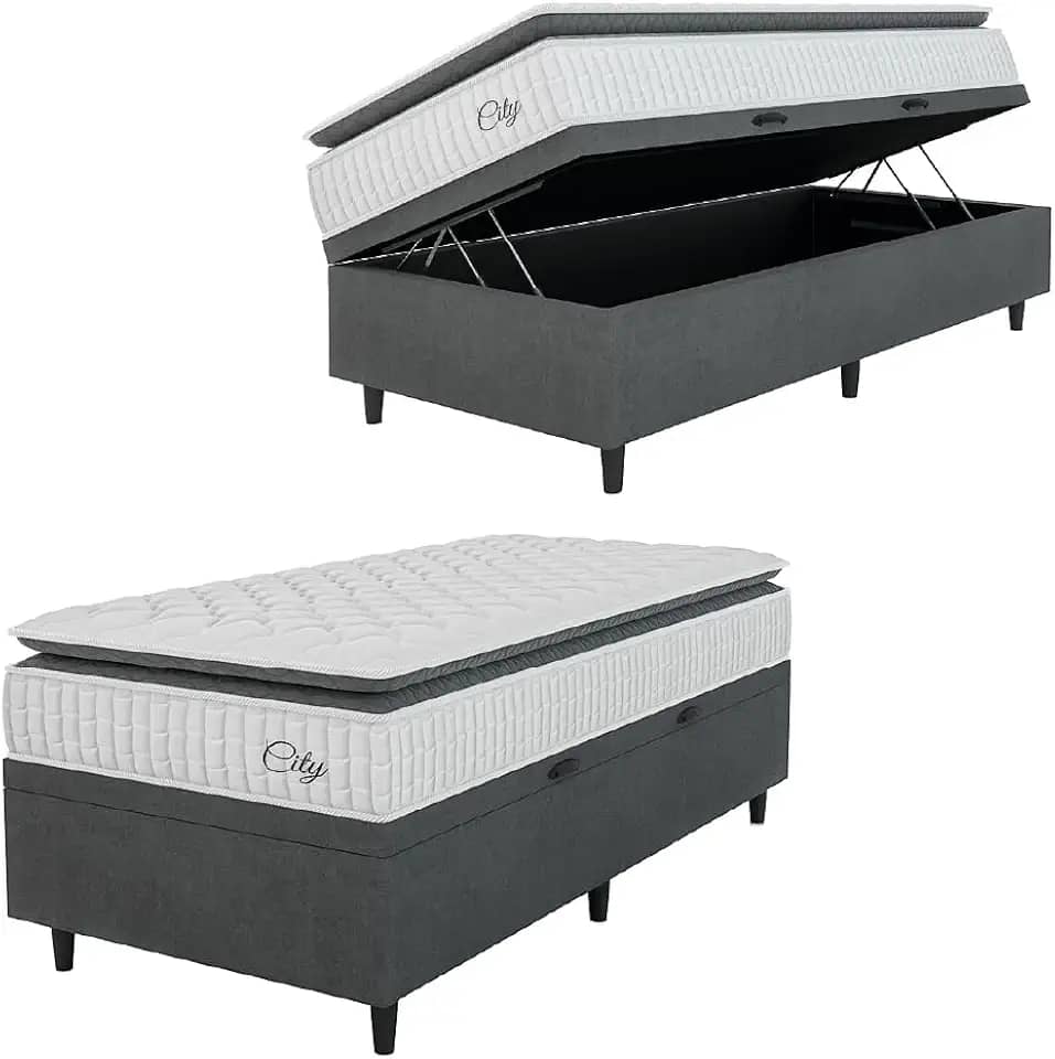 Cama Box Baú Colchão Solteiro Molas Ensacadas City Pillow Top 88x188x64cm Branco/Cinza Hellen - Suporta até 110kg por Pessoa