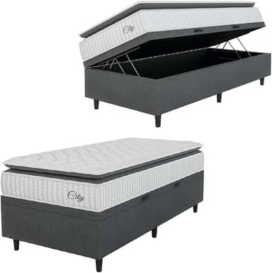 Cama Box Baú Colchão Solteiro Molas Ensacadas City Pillow Top 88x188x64cm Branco/Cinza Hellen - Suporta até 110kg por Pessoa