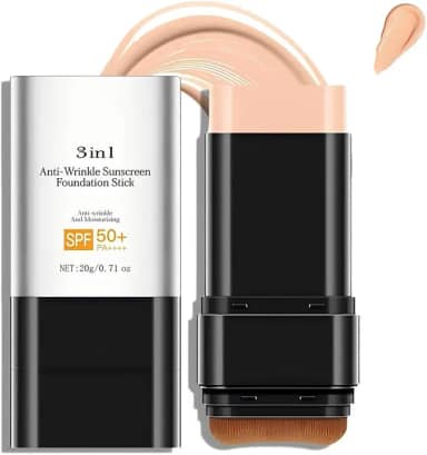 Bastão de base antirugas 3 em 1 de luxo FPS 50+ com escova, bastão de base fosco hidratante não pegajoso, loção protetora solar para rosto e corpo, cor média, 3 ml