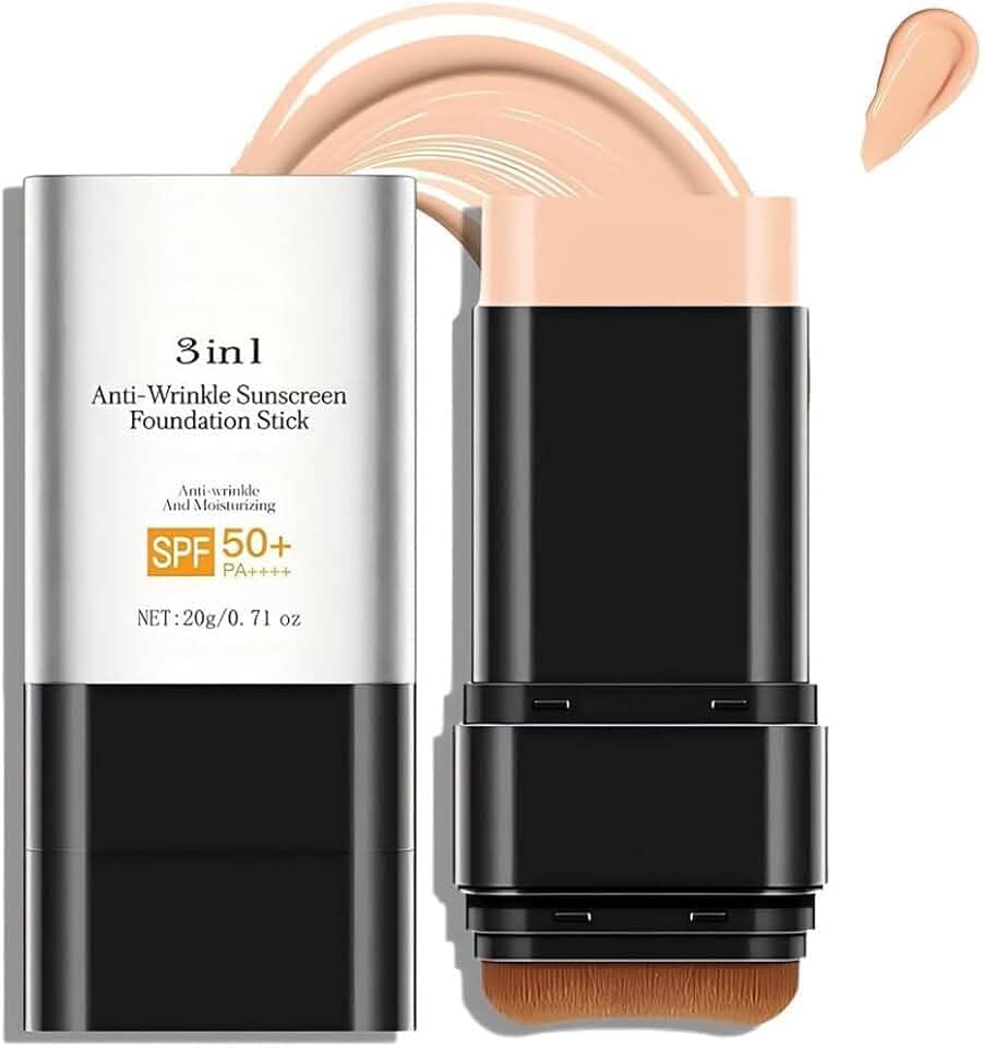 Bastão de base antirugas 3 em 1 de luxo FPS 50+ com escova, bastão de base fosco hidratante não pegajoso, loção protetora solar para rosto e corpo, cor média, 3 ml