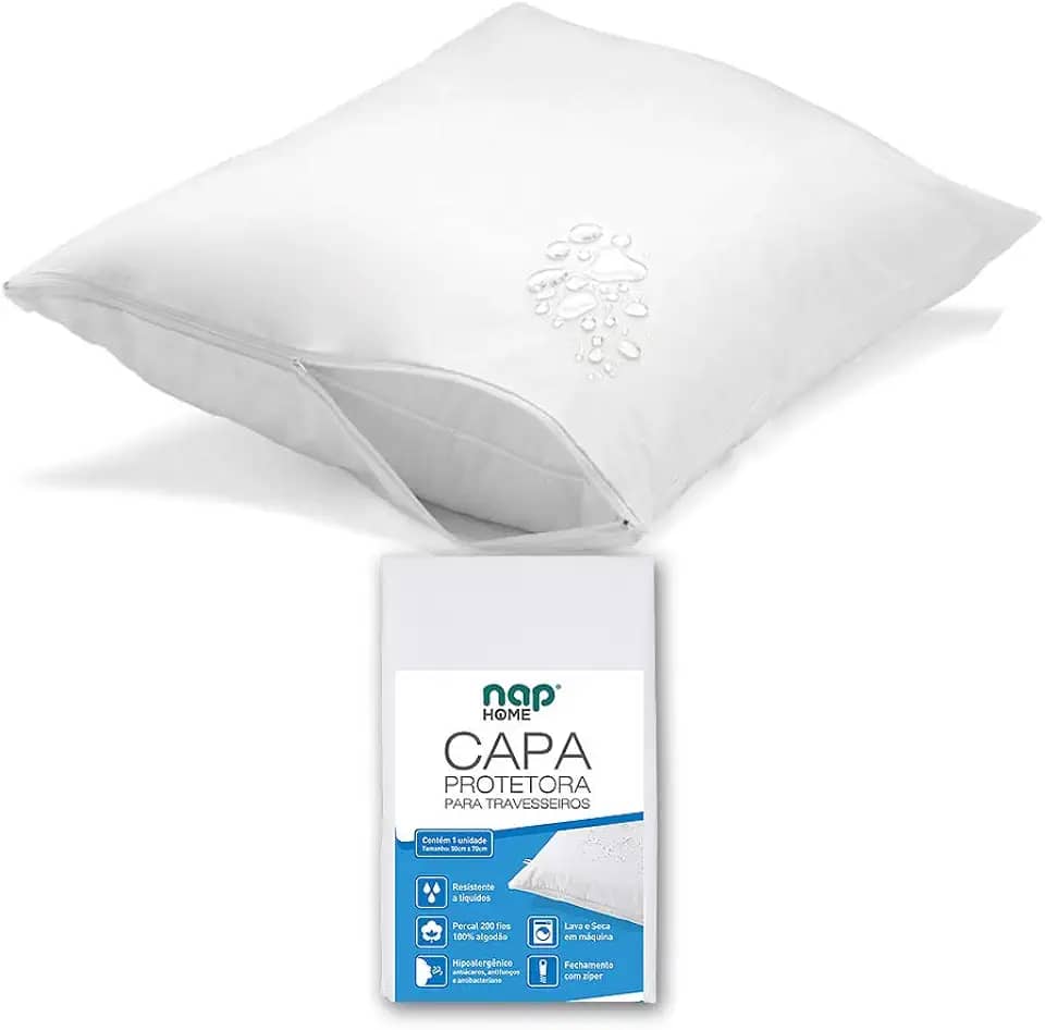 Nap Capa Protetora de Travesseiro Não faz ruído Percal 200 Fios 100% algodão Repelente à água 50x70cm - Branco