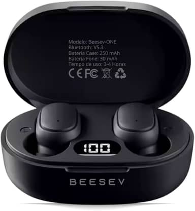 Fone de Ouvido Bluetooth 5.3 TWS Sem Fio Wireless Com Visor Graves Potente Compatível com iOS e Android, Beesev-ONE (Preto)